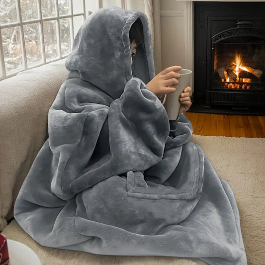 Cozy Reversible Fleece Hooded Blanket with Pocket – Soft Velvet Wearable Throw for Home & Holiday Gifting