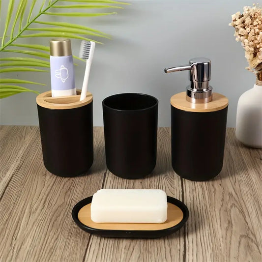 4-Piece Bathroom Toiletries Set – 350ml Bottles with Bamboo Covers
